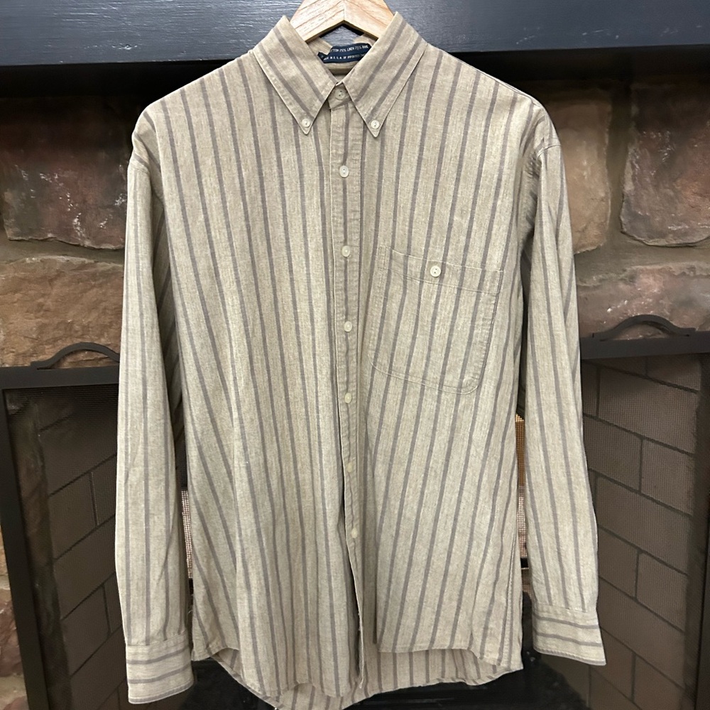 Ralph Lauren Beige and Blue Striped Casual Shirt NICE! 15 1/2 35 NO Flaws!!
